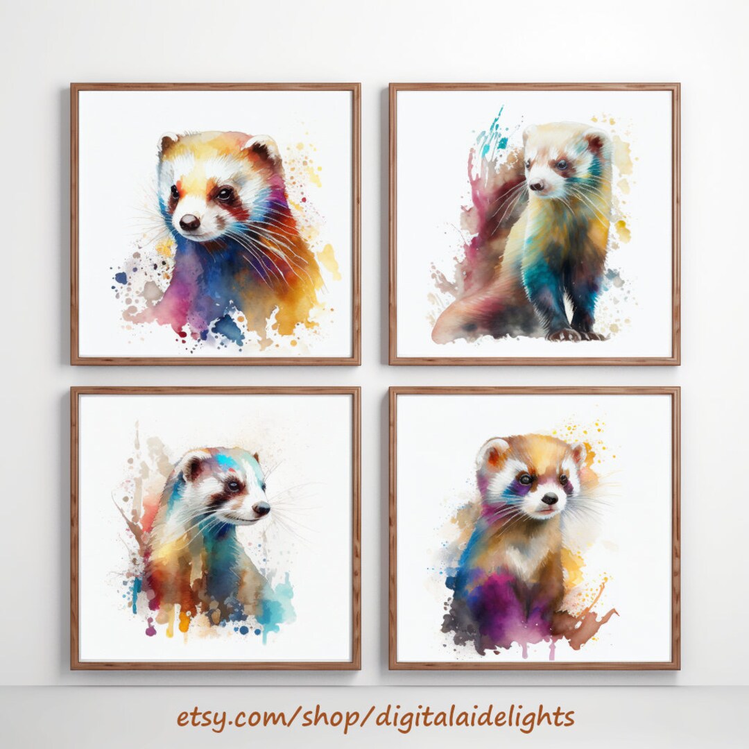 Watercolor Ferret Digital Paintings Set of 4 Prints Etsy