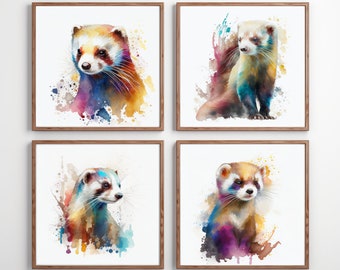 Watercolor Ferret Digital Paintings | Set of 4 Prints | Original Wall Decor | High Resolution Printables