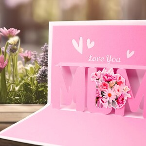Carte de fête des mères A6 personnalisée en papier 3D découpée avec des fleurs et des coeurs, cadeau unique et créatif pour maman, maman, bouquet