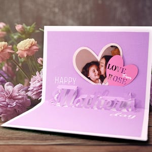 Carte de fête des mères personnalisée 3D en papier pop-up A6 faite main, coeurs découpés, cadeau unique et créatif pour maman, mère, photo, nom