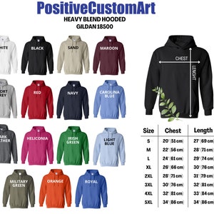 May include: A chart showing the size, chest, and length measurements of a hooded sweatshirt in inches and centimeters. The chart shows 10 different colors of sweatshirts, including white, black, sand, maroon, sport grey, red, navy, carolina blue, dark heather, heliconia, irish green, light blue, military green, orange, and royal.