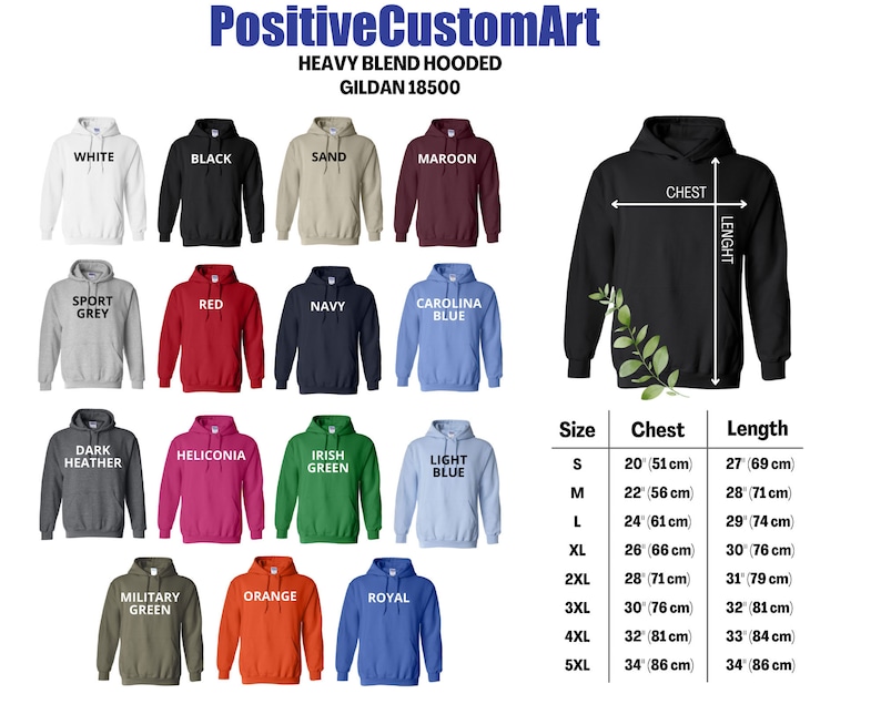 May include: A chart showing the size, chest, and length measurements of a hooded sweatshirt in inches and centimeters. The chart shows 10 different colors of sweatshirts, including white, black, sand, maroon, sport grey, red, navy, carolina blue, dark heather, heliconia, irish green, light blue, military green, orange, and royal.