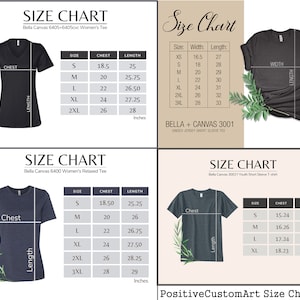 以下が含まれることがあります： Bella + Canvas Tシャツのサイズチャート。チャートは、女性用と子供用のTシャツのさまざまなサイズについて、胸囲と着丈をインチで示しています。チャートには、XS、S、M、L、XL、2XL、3XLのサイズが含まれています。