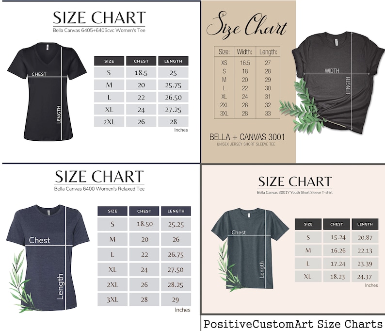 以下が含まれることがあります： Bella + Canvas Tシャツのサイズチャート。チャートは、女性用と子供用のTシャツのさまざまなサイズについて、胸囲と着丈をインチで示しています。チャートには、XS、S、M、L、XL、2XL、3XLのサイズが含まれています。