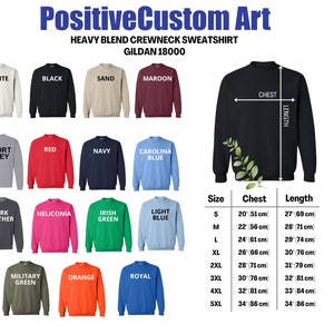 May include: A chart showing the size, chest, and length measurements of a Gildan 18000 heavy blend crewneck sweatshirt in inches and centimeters. The chart includes sizes S through 5XL. The sweatshirt is available in a variety of colors, including white, black, sand, maroon, sport grey, red, navy, Carolina blue, dark heather, heliconia, Irish green, light blue, military green, orange, and royal.