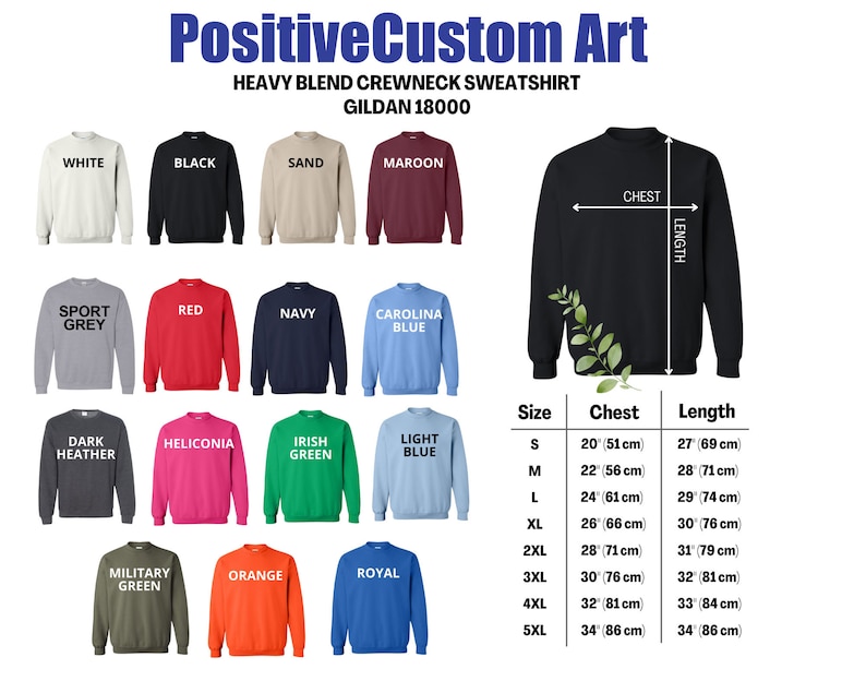 May include: A chart showing the size, chest, and length measurements of a Gildan 18000 heavy blend crewneck sweatshirt in inches and centimeters. The chart includes sizes S through 5XL. The sweatshirt is available in a variety of colors, including white, black, sand, maroon, sport grey, red, navy, Carolina blue, dark heather, heliconia, Irish green, light blue, military green, orange, and royal.