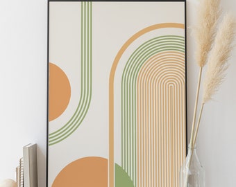 Modern geometric art in green and orange, printable abstract art, sage green print, modern geometric decor