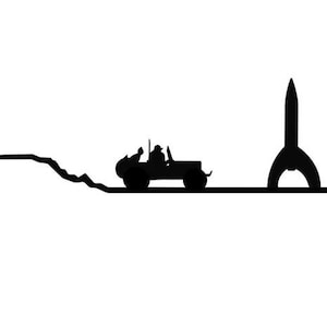 Peut inclure: Une silhouette noire d'une jeep roulant le long d'une falaise vers une rampe de lancement de fusée.