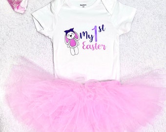 Custom made baby girl  first easter outfit bunny outfit with tutu and bow accessories