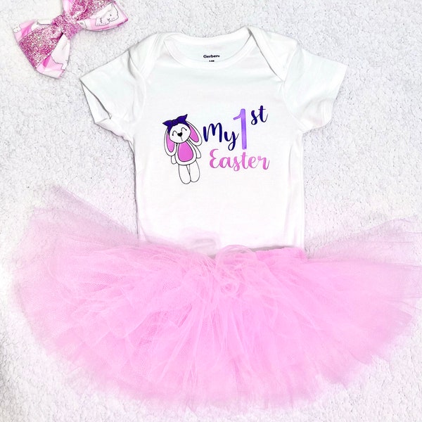 Custom made baby girl  first easter outfit bunny outfit with tutu and bow accessories