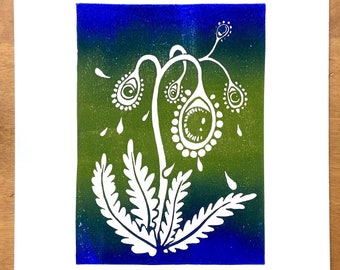 Fairytale Flowers Lino Print - Botanical Fantasy Print In Blue And Green - Surreal Eyes Art - Handmade Goth Gift