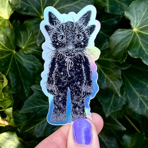 May include: A black cat sticker with a starry pattern and a pink ribbon around its neck. The sticker is on a holographic background.