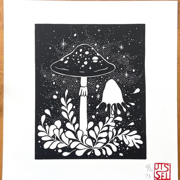 Mushrooms Art Lino Print - Handmade Nature Wall Decoration - Black White Fairy Tales Autumn Forest - Gift for Fungi Lover