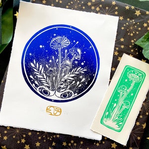 Lino Print Mushrooms Gift Set - Fairytale Print Art - Handmade Christmas Gift For Nature And Fungi Lover - Bookmark