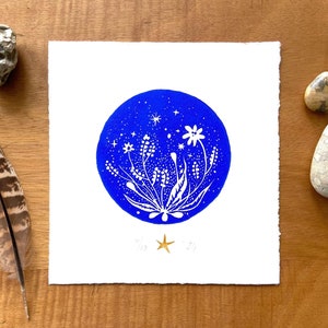 Magical Blue Nature Linocut Print - Handmade Round Fantasy Illustration - Gift For Plant Lover - Fairy Tale Flowers Art