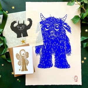 Lino Print Monster Cadeau Set - Sprookjesachtige Fantasie Kunst - Handgemaakt Kerstcadeau Voor Illustratie En Cartoon Liefhebber.