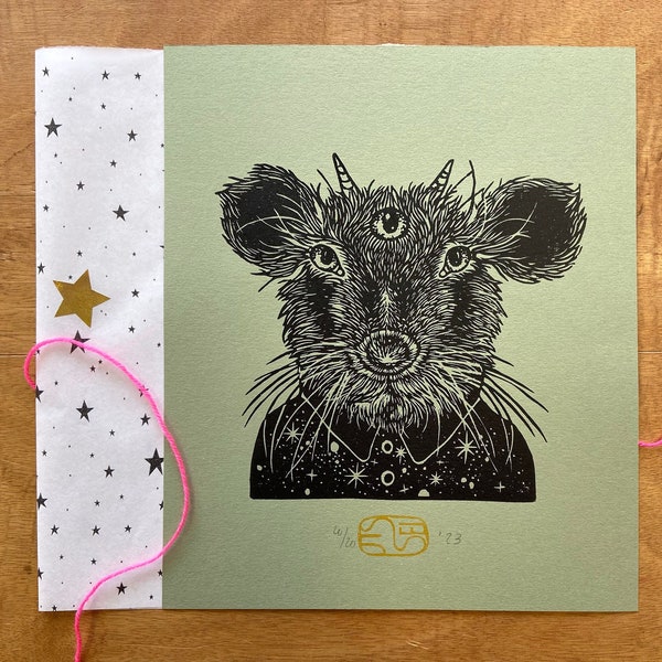 Fantasy Animal Wall Art - Handmade Linocut Print on Green Paper - Fairytale Mouse Gift for Goth