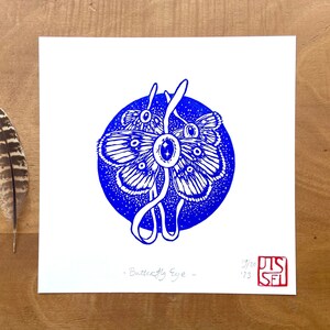 Blue Butterfly Linocut Print - Fairytale Handmade Art Birthday Gift - Gift For Goth And Insect Lover