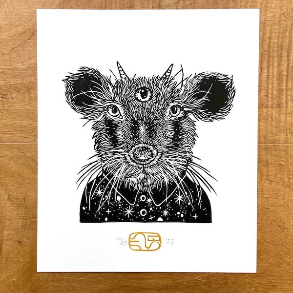 Fantasy Mouse Lino Print - Black Gothic Wall Art - Fairytale Animals Birthday Gift for Punk Lovers - Spooky