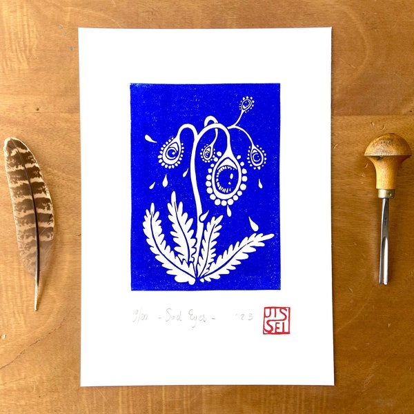 Blue Flowers Linoleum Print - Handmade Original Fantasy Nature Birthday Gift - Surreal Wall Art - Gothic Flora Linocut