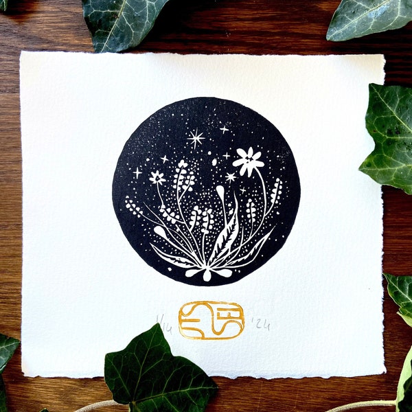 Magical Nature Linocut Print - Handmade Round Fantasy Illustration - Gift for Plant Lover - Fairy Tales Flowers Wall Art