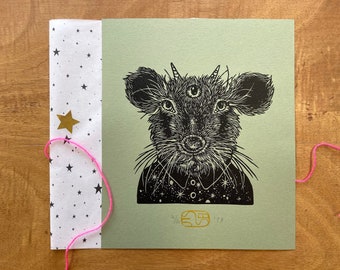 Fantasy Animal Wall Art - Handmade Linocut Print on Green Paper - Fairytale Mouse Gift for Goth