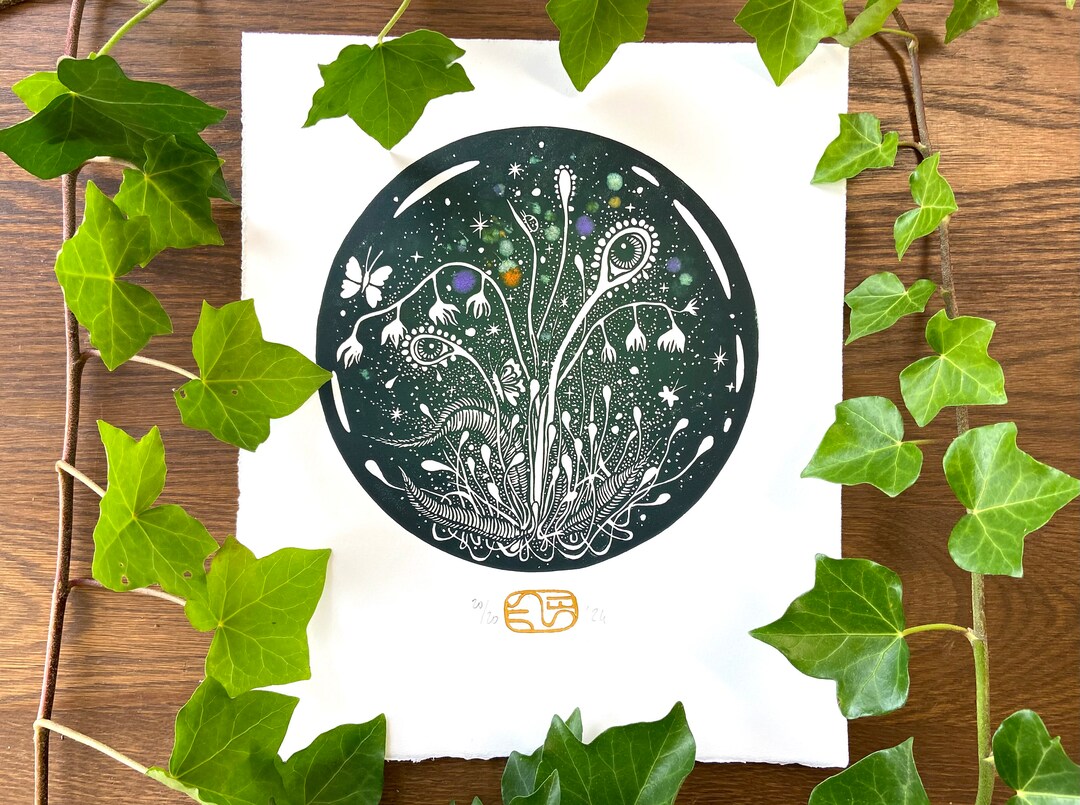 Round Linocuts Plants Linocut Print - Handmade Gothic Illustration - Gift for Nature ...
