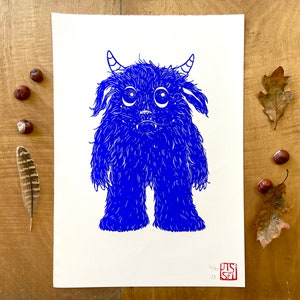 Blauw Monster Lino Print - Handgemaakt Magisch Kinder Verjaardags Cadeau Met Fantasie Dier - Unieke Cartoon Illustratie - Wand kunst