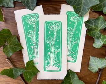 Handmade Mushroom Bookmarks - Lino Print- Fairytale Spring Green Bookmark- Gift for Nature Lover and Book Reader