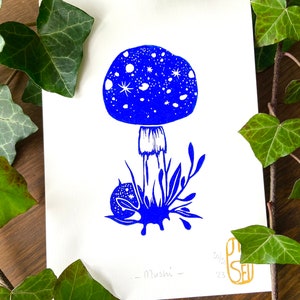 Mushroom Wall Art - Fairytale Blue Fungi Fantasy Lino Print - Handmade in Limited Edition
