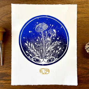 Round Mushrooms Lino Print - Blue Fairy Tale Art Print - Handmade Gift For Cottage Core And Nature Lover - Fantasy Fungi