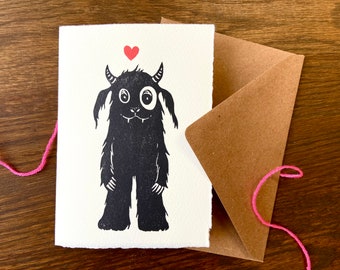 Lino Print Valentine's Card - Unique Fairytale and Cute Monster -Greeting Card with Envelope - Handmade Art Cards with Heart