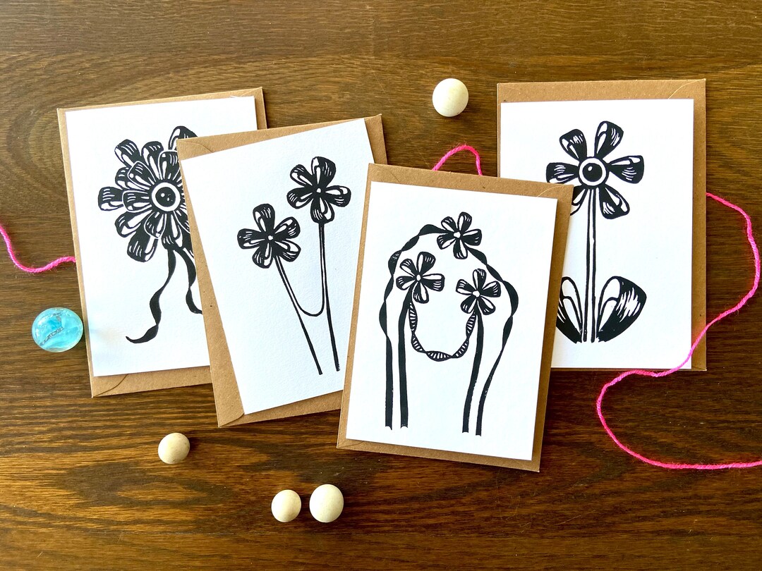 Handmade Floral Cards Set - 4 Blank Lino Print Greeting Cards With ...