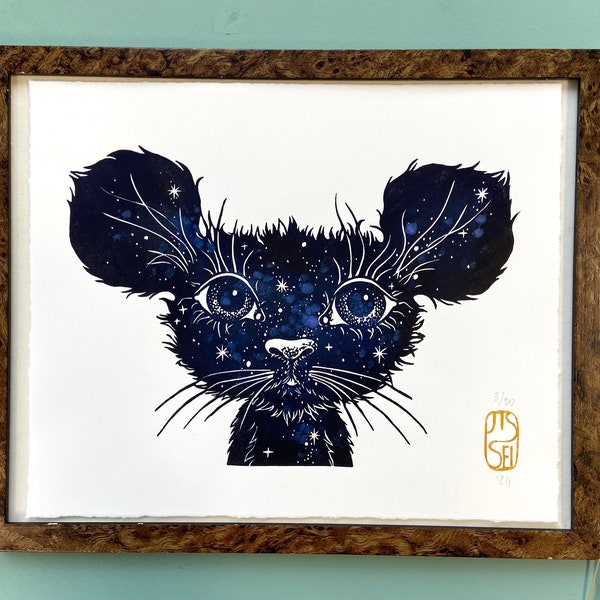 Magic Mouse Linocut Print - Handmade Fantasy Illustration - Gift for Animal Lover - Fairy Tales Animal Wall Art for Kids Room