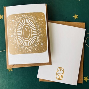 Handmade Gold Christmas Cards Set Fairytale Greeting Cards with Kraft Paper Envelopes Lino Print Art Cards for Christmas image 2