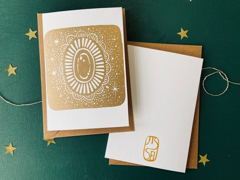 Handmade Gold Christmas Cards Set Fairytale Greeting Cards with Kraft Paper Envelopes Lino Print Art Cards for Christmas image 2