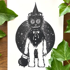Black Cat Linocut Print - Halloween Witches Wall Art - Fairytale Cute Monster - Unique Spooky Gothic Gift for Her