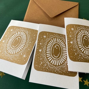 Handmade Gold Christmas Cards Set Fairytale Greeting Cards with Kraft Paper Envelopes Lino Print Art Cards for Christmas image 3