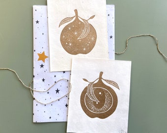 Golden Apples Wall Art - Fairytale Gothic Gift with Fruits - Fantasy Mini Lino Print Set