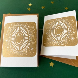 Handgemaakte Gouden Kerstkaarten Set - Sprookjesachtige Wenskaarten Met Kraft Papieren Enveloppen -  Lino Print Kunstkaarten Voor Kerst