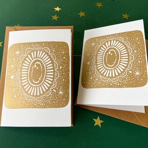 Handmade Gold Christmas Cards Set Fairytale Greeting Cards with Kraft Paper Envelopes Lino Print Art Cards for Christmas image 1