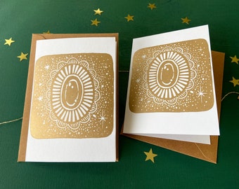 Handmade Gold Christmas Cards Set - Fairytale Greeting Cards with Kraft Paper Envelopes - Lino Print Art Cards for Christmas