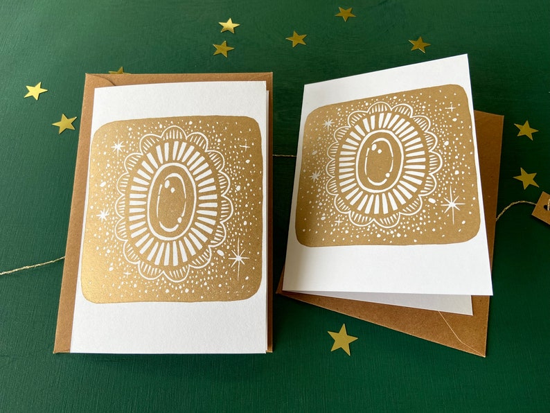 Handmade Gold Christmas Cards Set Fairytale Greeting Cards with Kraft Paper Envelopes Lino Print Art Cards for Christmas image 1