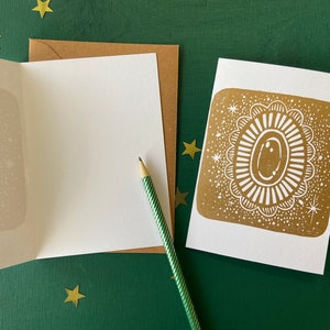 Handmade Gold Christmas Cards Set Fairytale Greeting Cards with Kraft Paper Envelopes Lino Print Art Cards for Christmas image 4