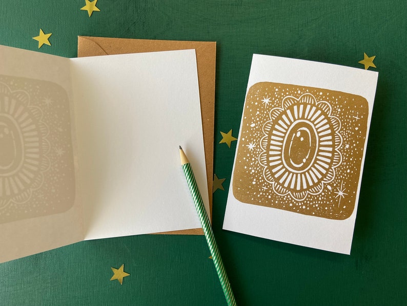 Handmade Gold Christmas Cards Set Fairytale Greeting Cards with Kraft Paper Envelopes Lino Print Art Cards for Christmas image 4