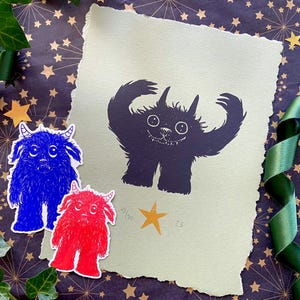 Lino Print Monster Cadeau Set  - Handgemaakt Cadeau - Fantasie Dieren Kunst - Sprookjesachtige Vinyl Stickers - Cartoon Monster Illustratie
