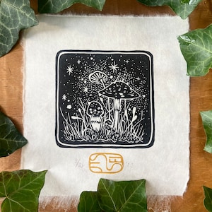 Stampa linoleum con funghi - Arte da parete con funghi da favola - Stampa su carta giapponese - Realizzata a mano in edizione limitata