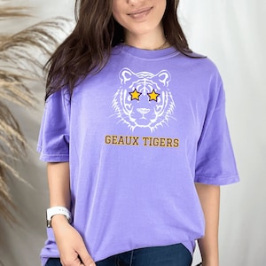 Comfort Colors Tigers Fan Shirt, LSU Fan Shirt, LSU tailgate, Star Eye of the Tiger Shirt, Purple and Gold, LSU Merch