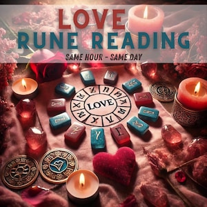 Pode incluir: Um conjunto de leitura de runas de amor com velas, cristais e um coração vermelho. As runas estão dispostas em um círculo ao redor da palavra "LOVE".