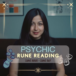 May include: A woman with dark hair smiles in an image with text: "PSYCHIC RUNE READING SAME HOUR - SAME DAY." The image includes rune symbols and a starburst design, creating a mystical atmosphere, possibly for spiritual services.